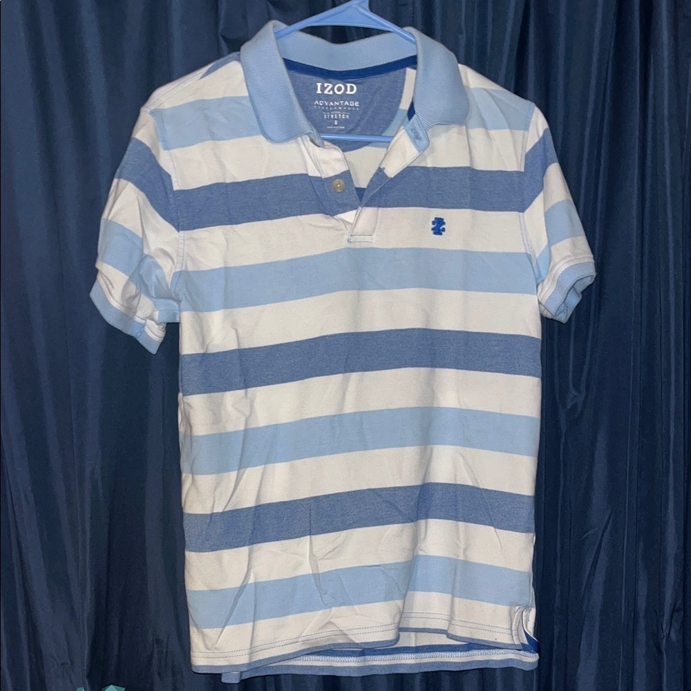 Izod Men's Light Blue and White Striped Polo Shirt